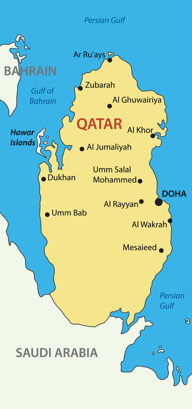 Carte des grandes villes du Qatar et de Doha